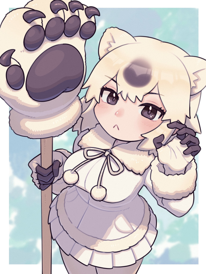 1girl :&lt; ananna0031 animal_ears bear_ears bear_girl bear_paw_hammer black_eyes black_gloves black_hair blush coat cowboy_shot fur_trim gloves hair_between_eyes highres kemono_friends long_sleeves looking_at_viewer multicolored_hair pantyhose pleated_skirt polar_bear_(kemono_friends) short_hair sidelocks skirt solo two-tone_gloves two-tone_hair white_fur white_gloves white_hair white_pantyhose white_skirt winter_clothes winter_coat