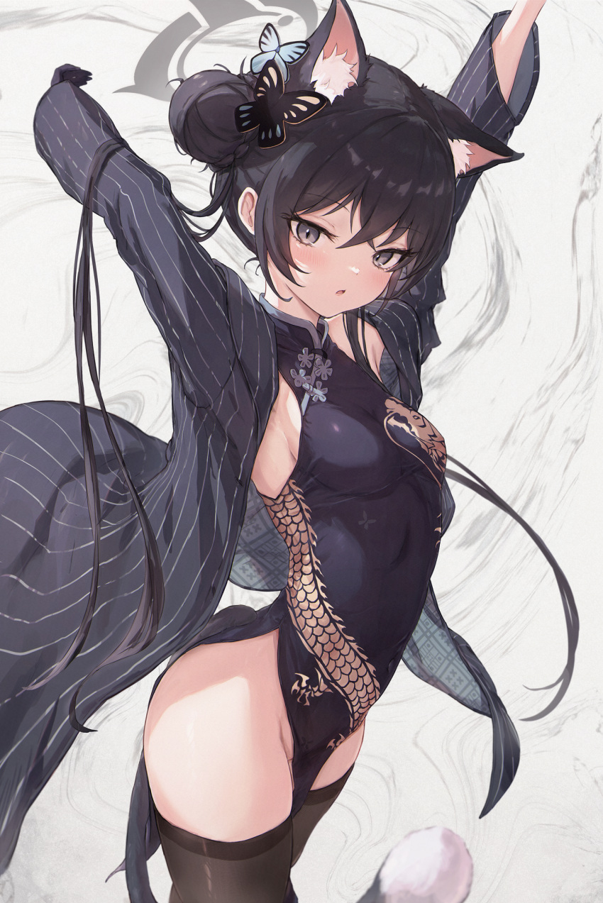 1girl :o animal_ears arms_up black_coat black_dress black_gloves black_hair black_thighhighs blue_archive blush breasts butterfly_hair_ornament cat_ears cat_tail china_dress chinese_clothes coat dragon_print dress gloves hair_bun hair_ornament halo highres kemonomimi_mode kisaki_(blue_archive) looking_at_viewer pelvic_curtain petite small_breasts solo striped striped_coat tail thighhighs twintails vertical-striped_coat yoyopipa