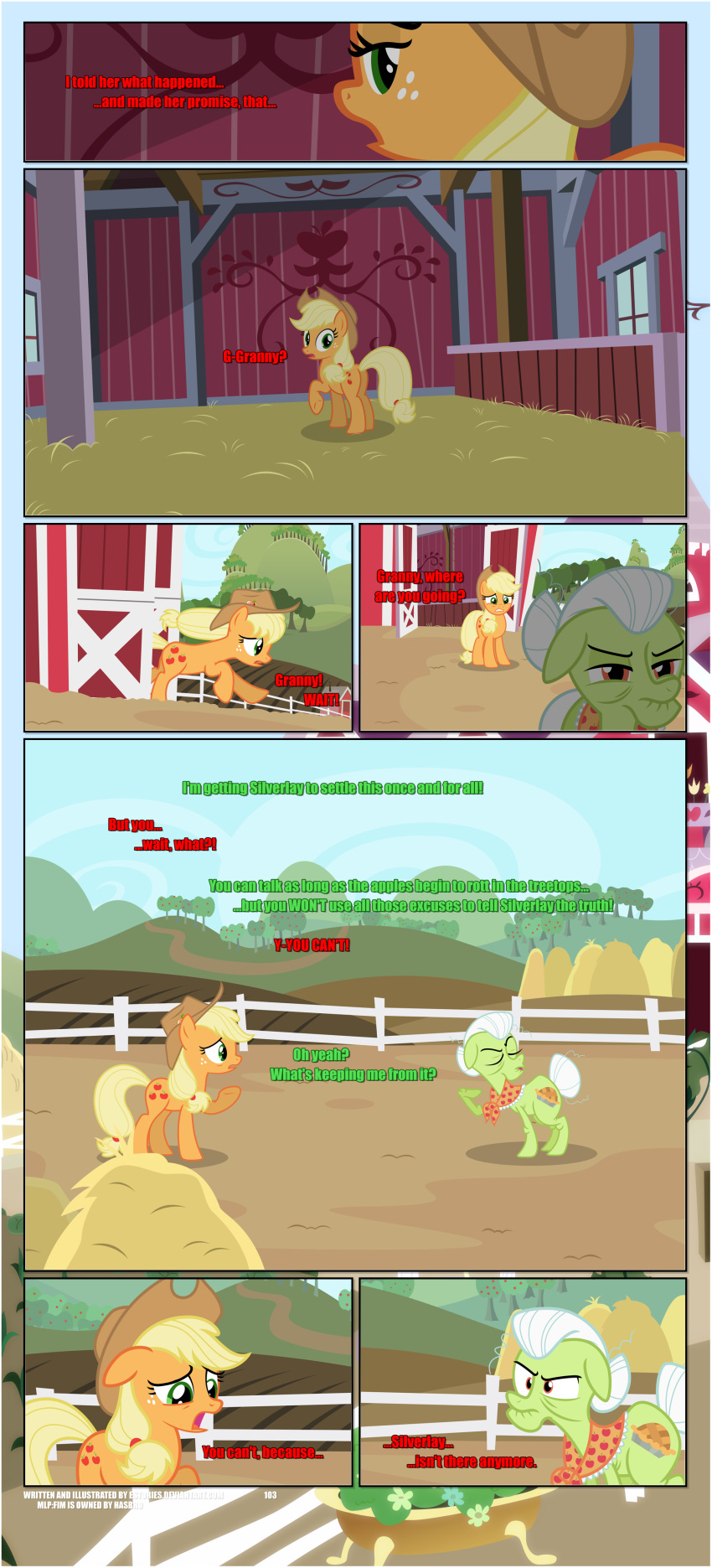 absurd_res apple_tree applejack_(mlp) barn black_border border clothing cowboy_hat cutie_mark dialogue duo earth_pony equid equine estories female fence feral flower friendship_is_magic fruit_tree glancing_back grandchild_(lore) granddaughter_(lore) grandmother_(lore) grandmother_and_grandchild_(lore) grandmother_and_granddaughter_(lore) grandparent_(lore) grandparent_and_grandchild_(lore) granny_smith_(mlp) hasbro hat hay hay_bale headgear headwear hi_res hill horse inside looking_back mammal my_little_pony open_mouth outside plant pony running sweet_apple_acres tree walking white_fence window
