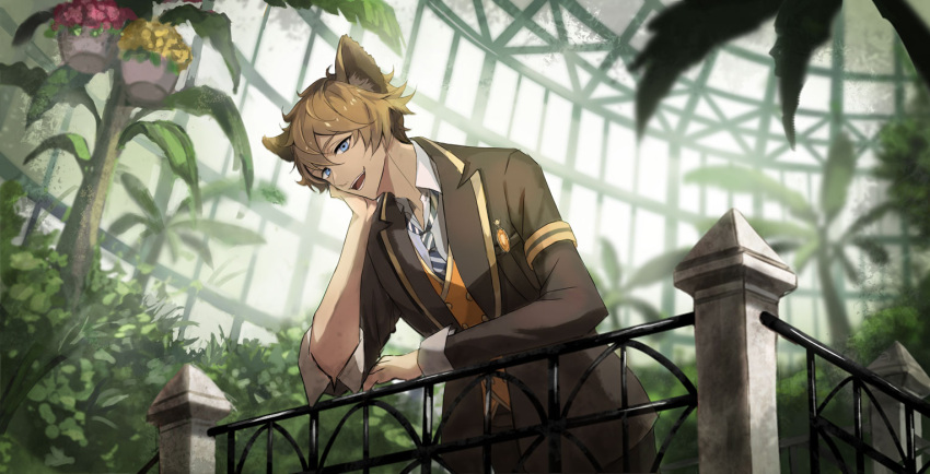 1boy black_jacket black_pants blue_eyes brown_hair feet_out_of_frame flower head_rest jacket male_focus necktie night_raven_college_uniform open_mouth pants railing ruggie_bucchi short_hair smile solo spiked_hair striped_necktie teeth touchika tree twisted_wonderland