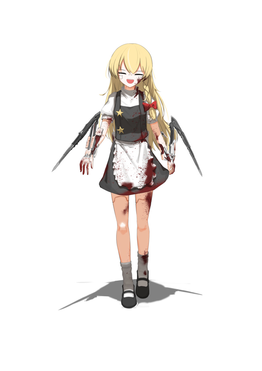 1girl :d absurdres apron arm_blade black_footwear black_skirt black_vest blonde_hair blood blood_on_arm blood_on_clothes blood_on_face blood_on_leg blood_splatter bow braid breasts closed_eyes commentary_request cookie_(touhou) cyberpunk_(series) full_body hair_bow highres joints kirisame_marisa long_hair mantis_blades_(cyberpunk) mary_janes medium_bangs no_headwear open_mouth prosthesis prosthetic_arm puffy_short_sleeves puffy_sleeves robot_joints round_teeth shadow shirt shoes short_sleeves simple_background single_braid skirt skirt_set small_breasts smile socks solo standing suzu_(cookie) teeth touhou transparent_background traveler_hxy upper_teeth_only vest waist_apron weapon white_apron white_shirt white_socks