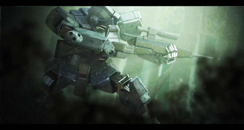 3d aiming blurry blurry_foreground commentary_request damaged dirty fog gm_(mobile_suit) gm_sniper_ii gun gundam gundam_0080 hiding igaraigara machinery mecha mecha_focus mobile_suit no_humans realistic rifle robot science_fiction scope sketch sniper_rifle weapon