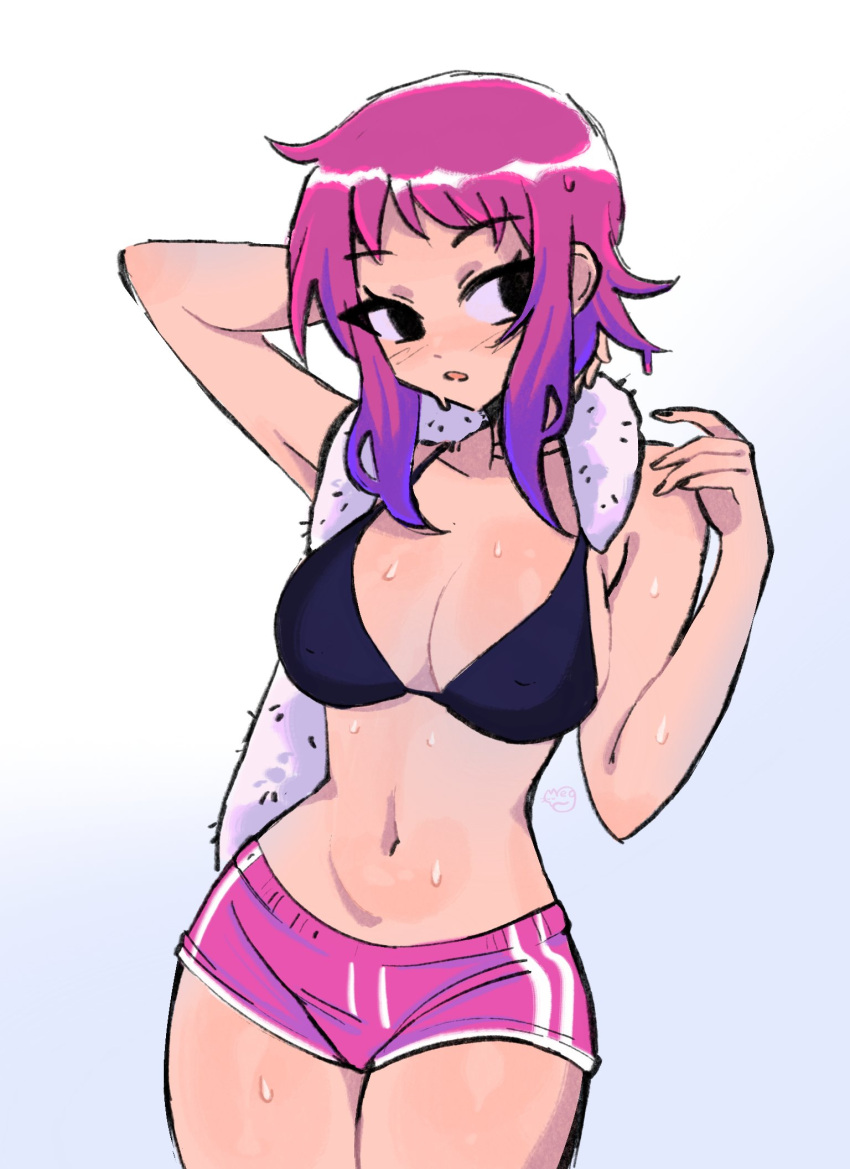 1girl :o arm_up bikini black_bikini black_eyes breasts cleavage collarbone cowboy_shot grey_background hand_up highres large_breasts megrocks multicolored_hair navel pink_hair pink_shorts purple_hair ramona_flowers scott_pilgrim_(series) shorts simple_background sweat swimsuit towel towel_around_neck two-tone_hair