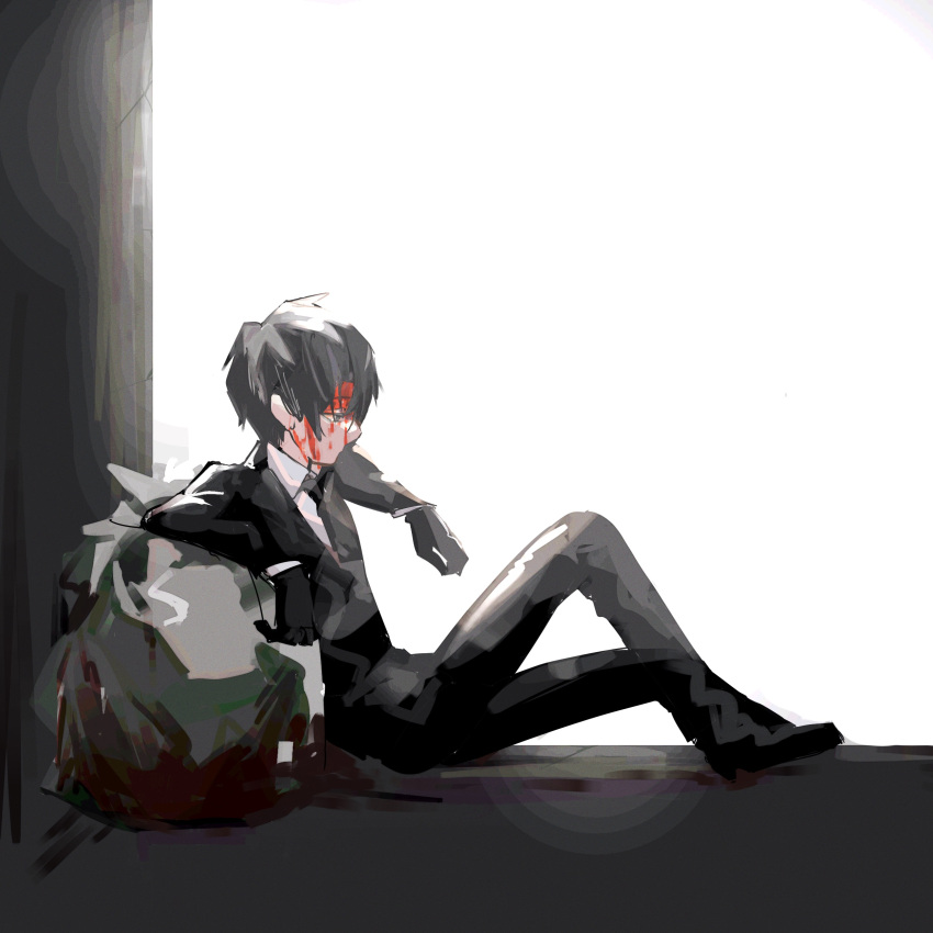 1boy absurdres black_eyes black_footwear black_gloves black_hair black_jacket black_pants blood gloves highres jacket library_of_ruina long_sleeves male_focus mu46016419 pants project_moon roland_(library_of_ruina) shoes sitting sketch solo trash_bag