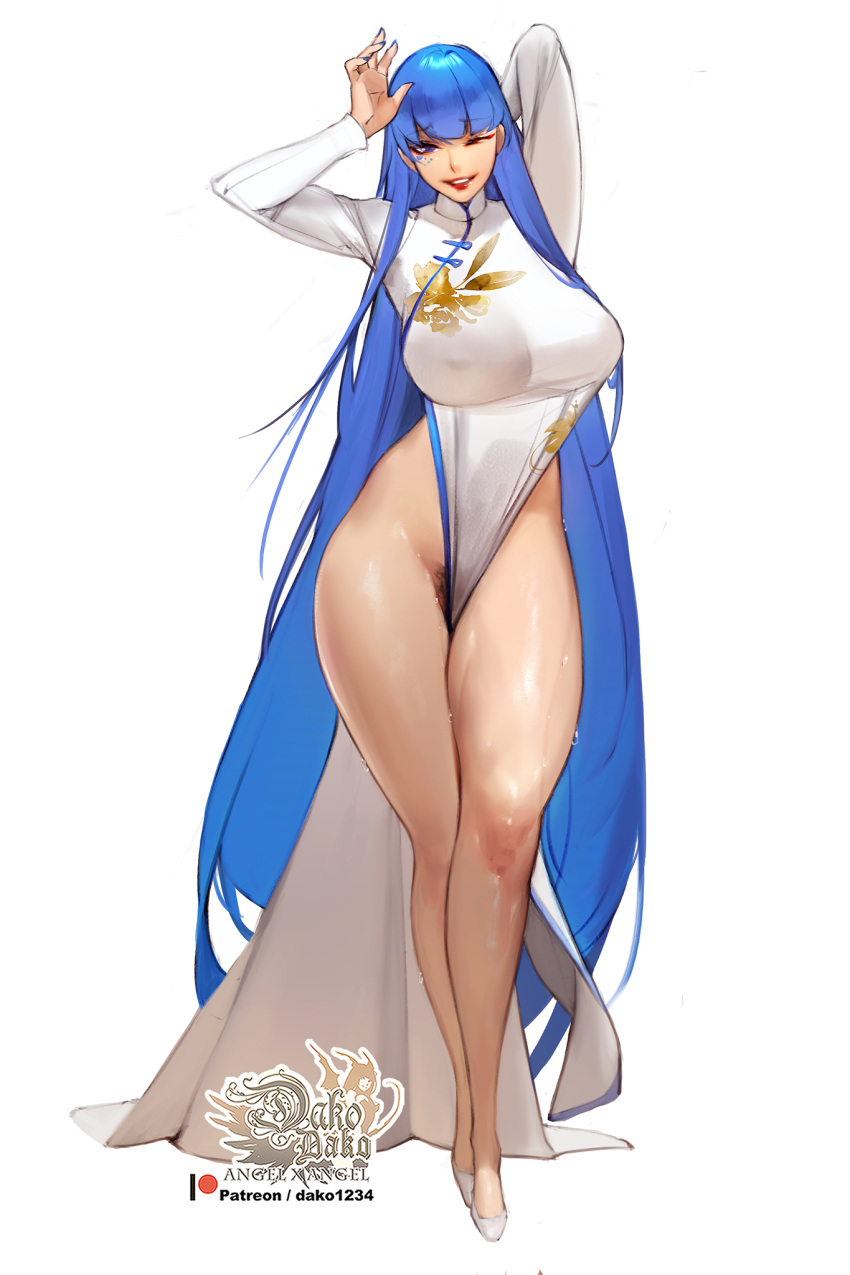 1girl arm_behind_head blue_eyes blue_hair breasts china_dress chinese_clothes commentary covered_nipples dress english_commentary facial_tattoo female_pubic_hair full_body highres hu_dako large_breasts legs lips long_hair long_sleeves looking_at_viewer one_eye_closed original patreon_logo patreon_username pubic_hair shoes simple_background smile solo standing sweat tattoo thighs very_long_hair white_background white_dress white_footwear