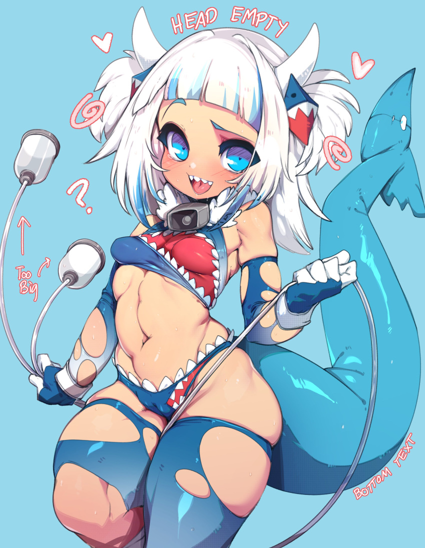 1girl absurdres adapted_costume blue_background blue_eyes blue_gloves blue_hair blue_thighhighs breasts commentary elbow_gloves english_commentary fins fish_tail gawr_gura gloves hair_ornament highres hololive hololive_english horns long_hair looking_at_viewer medium_hair multicolored_hair navel open_mouth shark_girl shark_hair_ornament shark_tail sharp_teeth short_hair slugbox small_breasts solo streaked_hair tail teeth thighhighs thighs torn_clothes torn_gloves torn_thighhighs two-tone_gloves two-tone_hair two_side_up upper_teeth_only virtual_youtuber white_gloves white_hair