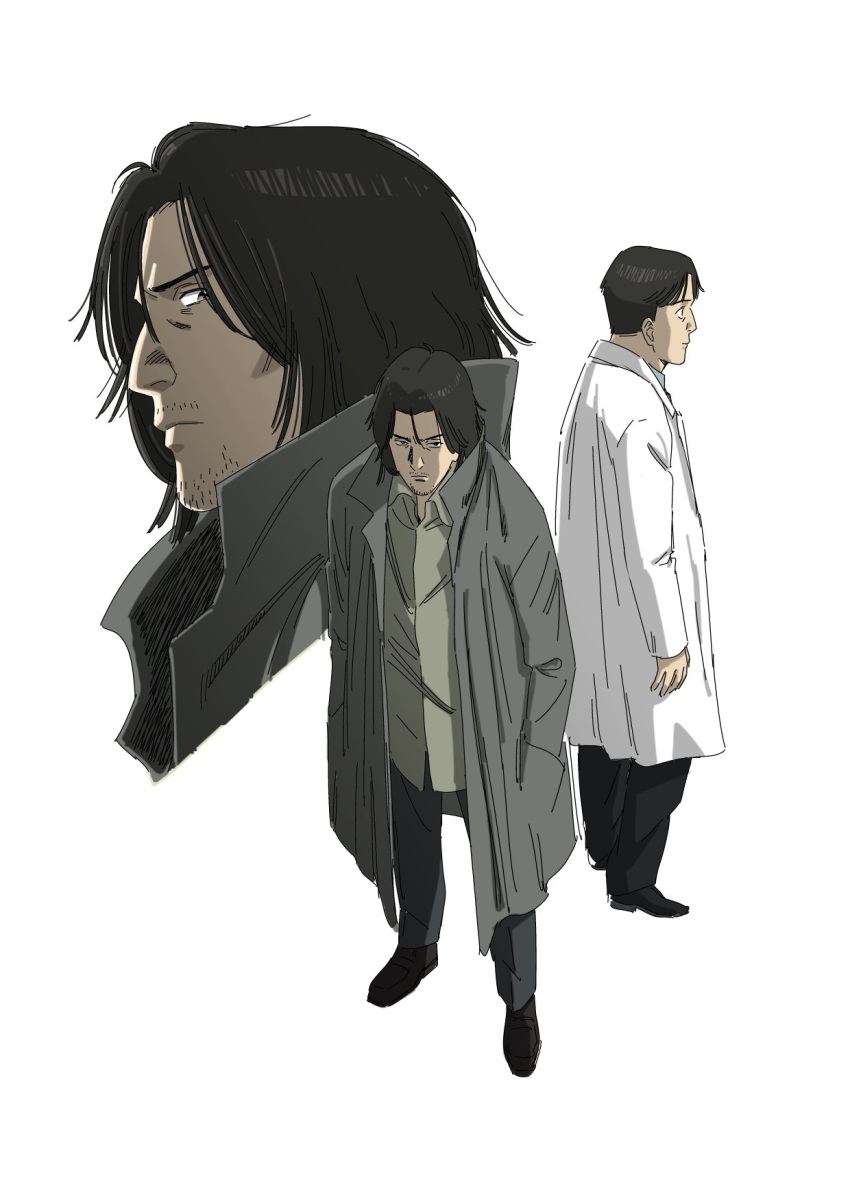 2boys black_hair coat facial_hair highres jinou_rakugaki lab_coat long_hair long_sleeves looking_at_viewer male_focus monster_(manga) multiple_boys overcoat stubble tenma_kenzou