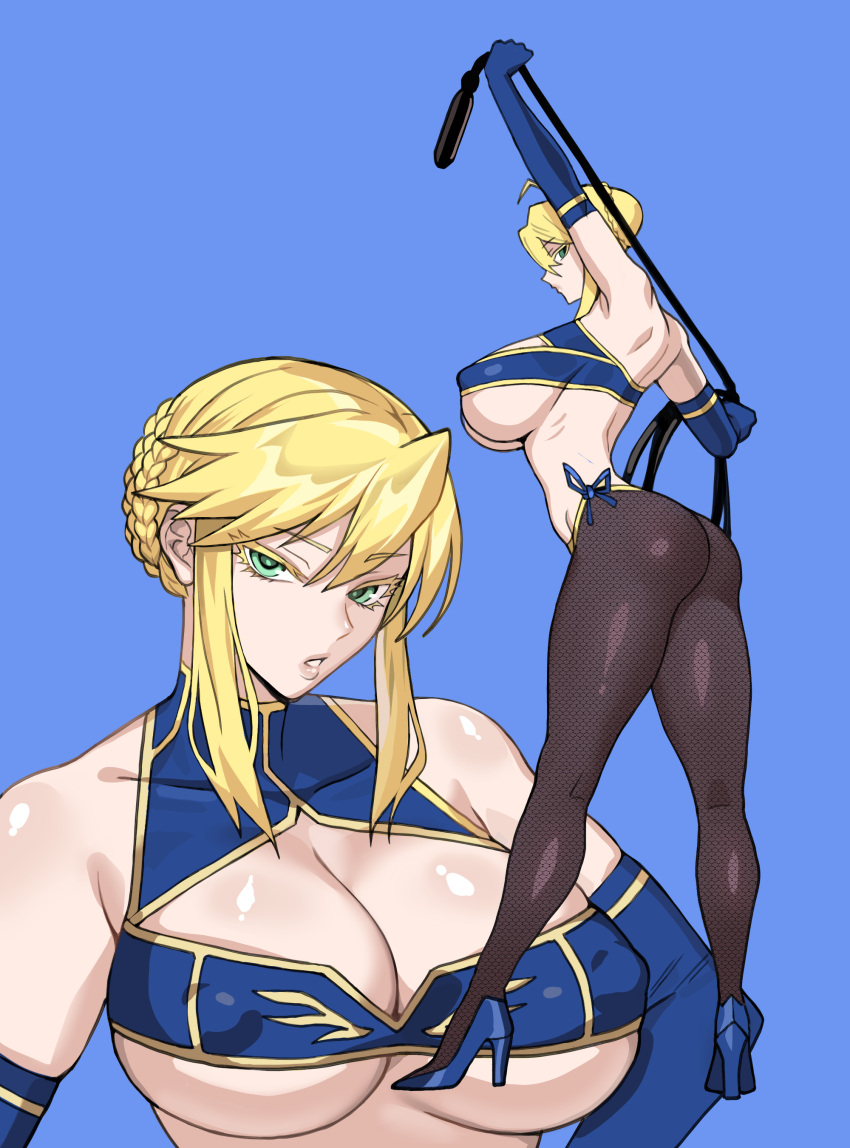 1girl absurdres ahoge artoria_pendragon_(fate) artoria_pendragon_(lancer)_(fate) ass blonde_hair blue_background braid breasts cleavage cleavage_cutout clothing_cutout collarbone covered_nipples elbow_gloves fate/grand_order fate_(series) fishnet_pantyhose fishnets french_braid full_body gloves green_eyes hair_between_eyes high_heels highres holding holding_whip large_breasts long_legs looking_at_viewer multiple_views pantyhose sideboob simple_background thighs upper_body vulcan_(ejel2000) whip