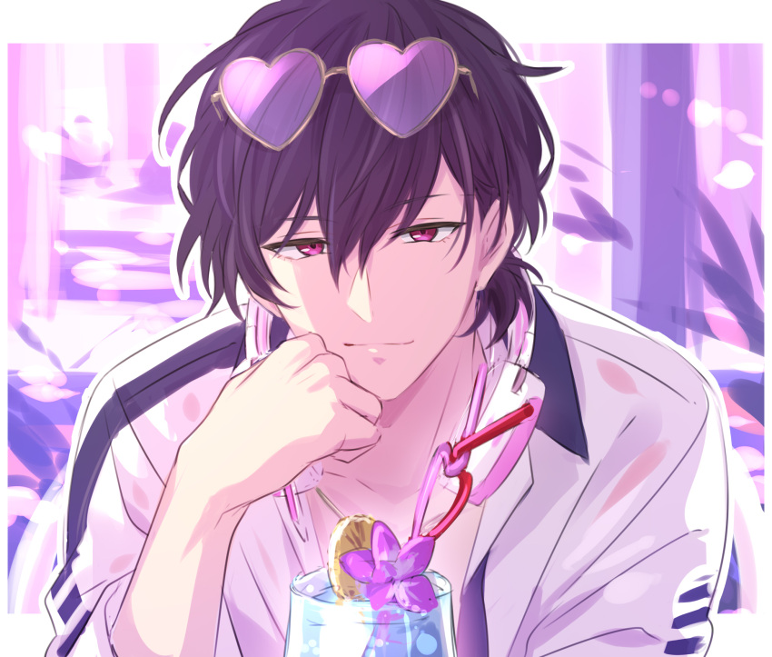 1boy closed_mouth commentary_request cup drinking_glass drinking_straw eyewear_on_head faith_beams flower hair_between_eyes hand_on_own_face hand_up headphones headphones_around_neck heart heart-shaped_eyewear helios_rising_heroes highres long_sleeves looking_at_viewer male_focus partial_commentary pink_eyes purple_hair sekina solo upper_body