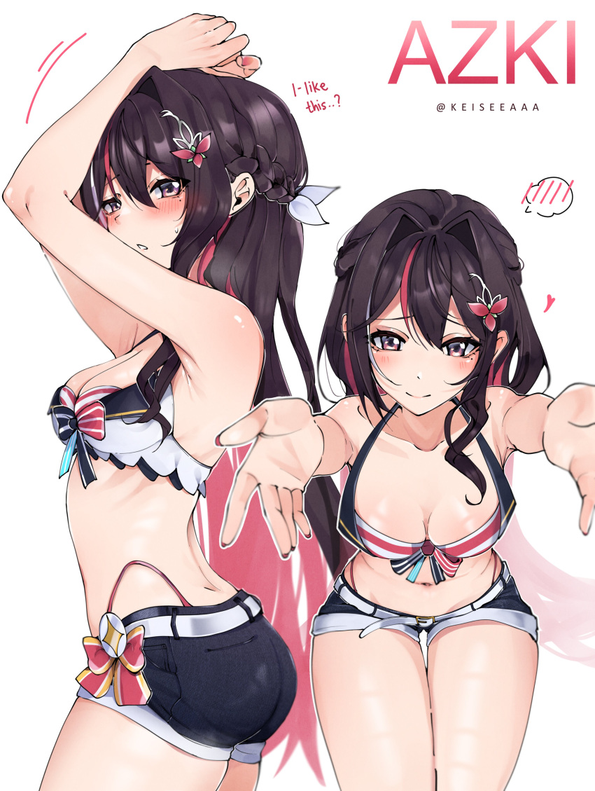 1girl absurdres armpits artist_name azki_(4th_costume)_(hololive) azki_(hololive) bikini black_hair blush braid breasts character_name cleavage colored_inner_hair english_commentary hair_ornament highres hololive hololive_summer_2023_swimsuit keisea long_hair looking_at_viewer medium_breasts midriff mole mole_under_eye multicolored_hair multiple_views navel outstretched_arms pink_hair shorts simple_background solo spoken_blush striped striped_bikini sweatdrop swimsuit twitter_username vertical-striped_bikini vertical_stripes virtual_youtuber white_background