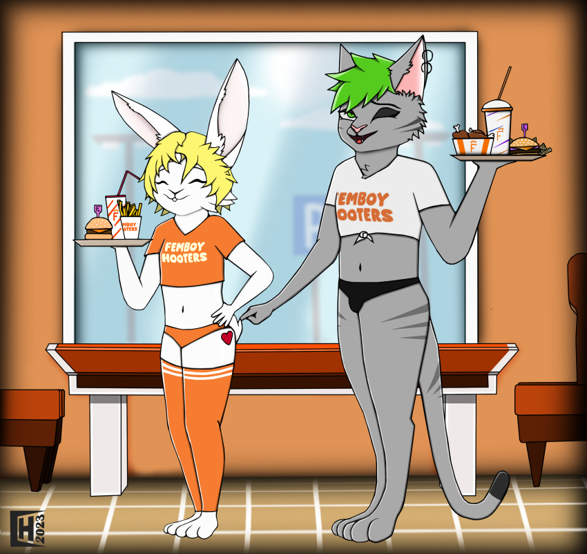 absurd_res anthro blonde_hair charlie_(charliebnnuy) charliebnnuy clothing domestic_cat felid feline felis femboy_hooters fur girly green_hair grey_body grey_fur hair hi_res lagomorph legwear leporid male male/male mammal rabbit restaurant smile thigh_highs touching_tail white_body white_fur