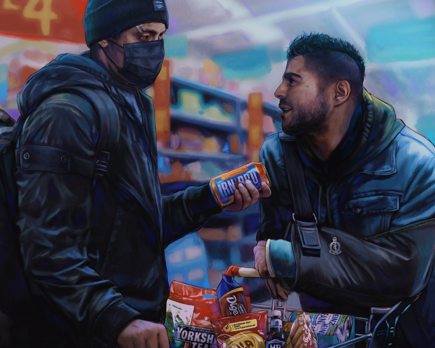 2boys backpack bag black_hair black_jacket call_of_duty call_of_duty:_modern_warfare_2 can facial_hair ghost_(modern_warfare_2) groceries hat highres holding holding_can hood hood_down jacket looking_at_another makenzie_polkas male_focus mask mouth_mask multiple_boys open_mouth realistic shopping shopping_cart short_hair sidecut soap_(modern_warfare_2) soda_can supermarket upper_body