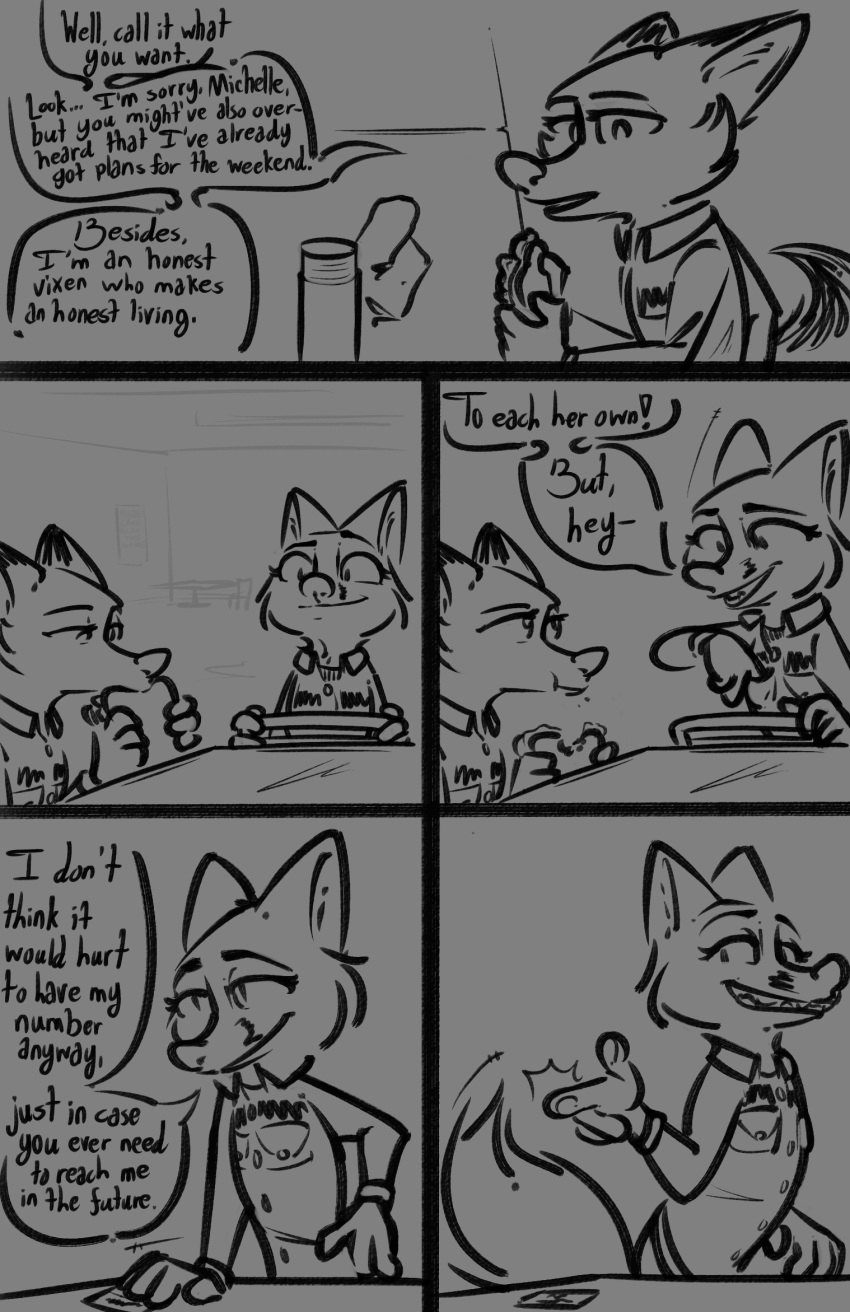 2022 anthro canid canine chair comic dialogue disney duo eating eating_food fan_character female food fox furniture hi_res mammal michelle_densmore monochrome mrs._wilde red_fox sandwich_(food) smile smirk snapping_fingers speech_bubble table tail tail_motion tangerine_(artist) zootopia