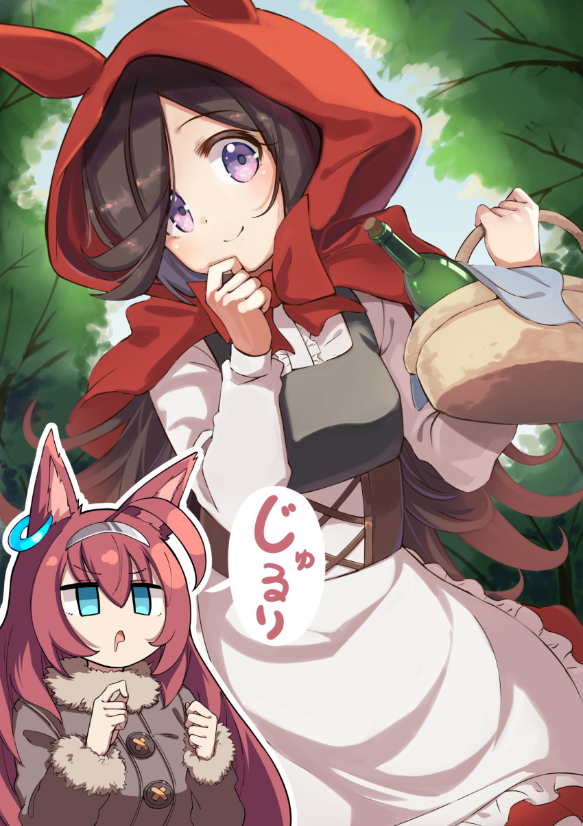 2girls ahoge animal_ears basket blue_eyes bottle brown_coat brown_hair buttons closed_mouth coat cosplay dress drooling fur-trimmed_coat fur-trimmed_sleeves fur_trim grey_hairband hairband highres holding holding_basket horse_ears horse_girl little_red_riding_hood little_red_riding_hood_(grimm) little_red_riding_hood_(grimm)_(cosplay) long_hair long_sleeves mihono_bourbon_(umamusume) moja_(moja4192) mouth_drool multiple_girls open_mouth purple_eyes red_hood rice_shower_(umamusume) smile tree umamusume