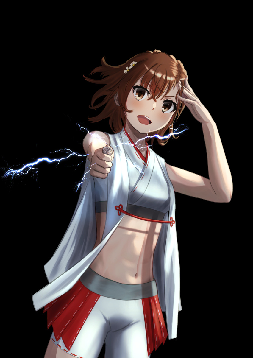 1girl adapted_uniform bare_shoulders black_background blush bob_cut breasts brown_eyes brown_hair coin commentary cowboy_shot cropped_shirt electricity electrokinesis floating_hair flower hair_between_eyes hair_flower hair_ornament hairclip hand_on_own_head hand_up highres holding holding_coin japanese_clothes looking_at_viewer midriff miko misaka_mikoto navel nontraditional_miko open_mouth outstretched_arm red_shorts shirt short_hair shorts simple_background sleeveless small_breasts smile teeth toaru_kagaku_no_railgun toaru_majutsu_no_index totsugekikouhei two-tone_shorts upper_teeth_only white_flower white_shirt white_shorts wind