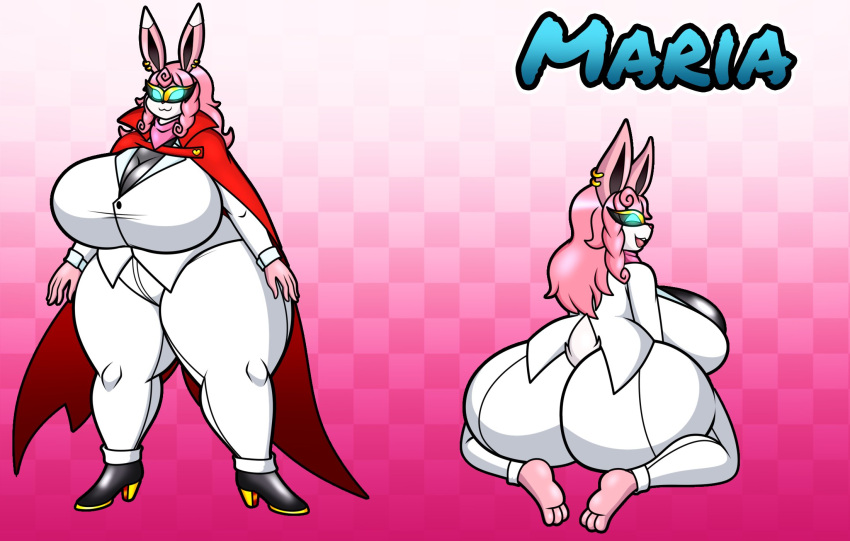 al_gx anthro big_breasts big_butt breasts butt cape clothed clothing female footwear generation_1_pokemon hair hi_res maria_(bunbun_maria) mask nintendo pink_body pink_hair pokemon pokemon_(species) scut_tail shoes short_tail smile solo suit tail wigglytuff