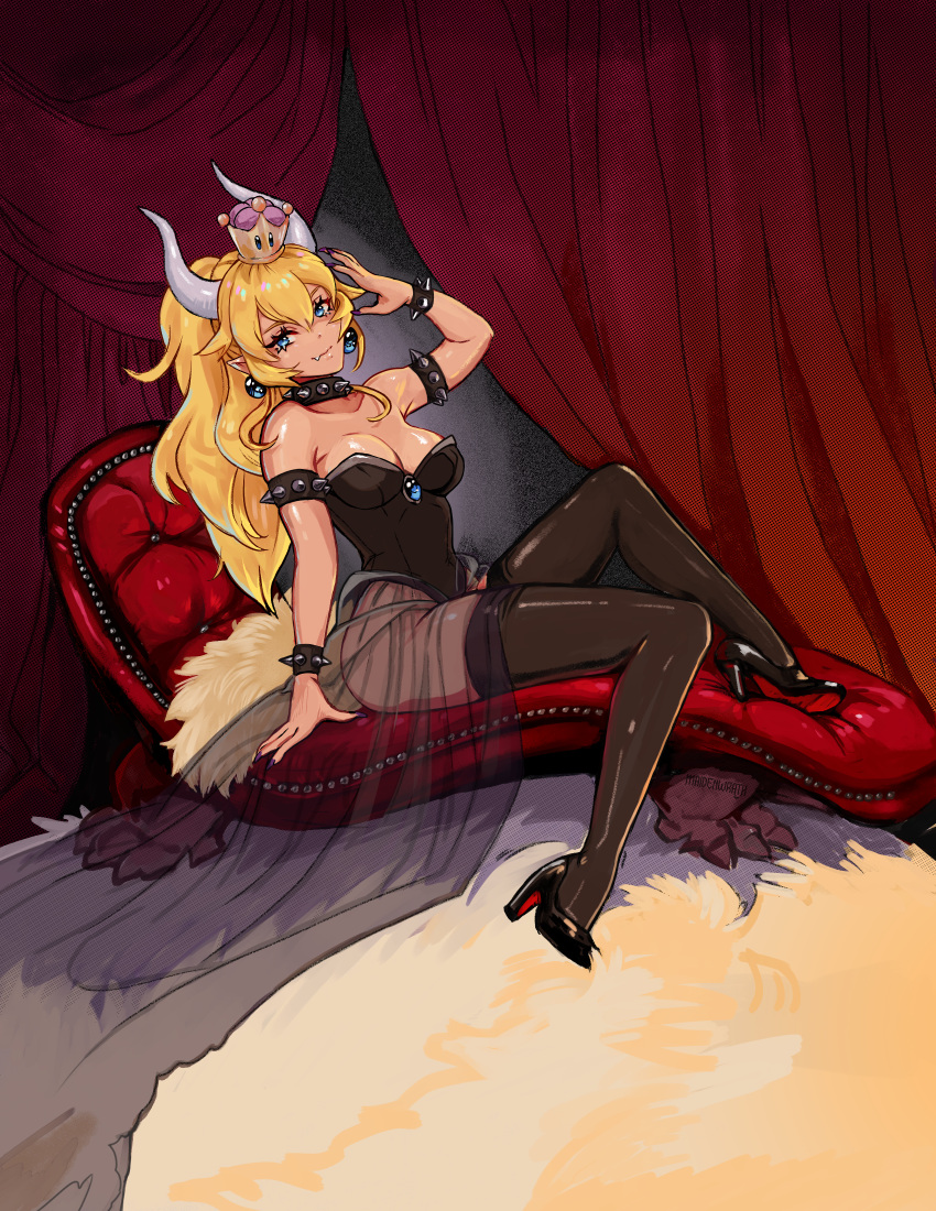 1girl absurdres almonddmilky armlet black_footwear black_leotard black_nails black_thighhighs blonde_hair blue_eyes bowsette bracelet breasts choker cleavage closed_mouth collar collarbone crown fang fang_out from_side full_body genderswap genderswap_(mtf) hair_between_eyes high_heels highres horns jewelry large_breasts leotard long_hair looking_at_viewer mario_(series) nail_polish new_super_mario_bros._u_deluxe ponytail pumps sitting skin_fang skirt solo spiked_armlet spiked_bracelet spiked_choker spiked_collar spikes strapless strapless_leotard super_crown thighhighs very_long_hair