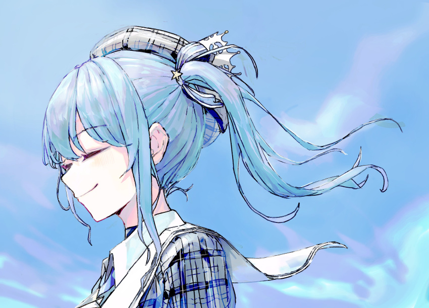 1girl absurdres asymmetrical_hair beret blue_choker blue_hair blue_neckerchief blue_sky choker closed_eyes closed_mouth collared_shirt crown day eyelashes grey_headwear grey_jacket hair_between_eyes hat highres hololive hoshimachi_suisei hoshimachi_suisei_(1st_costume) jacket karyln mini_crown neckerchief one_side_up outdoors plaid plaid_headwear plaid_jacket shirt side_ponytail sidelocks sky smile solo tilted_headwear upper_body virtual_youtuber