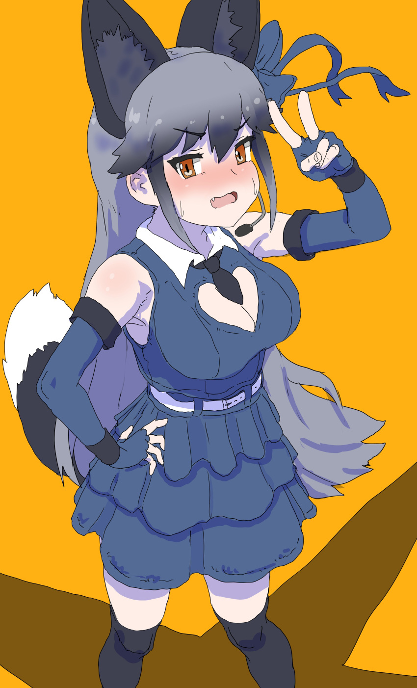 1girl absurdres alternate_costume animal_ears bare_shoulders black_hair black_necktie black_thighhighs blue_gloves blue_shirt blue_skirt blush bow cleavage_cutout clothing_cutout collared_shirt elbow_gloves embarrassed extra_ears fang fingerless_gloves fox_ears fox_girl fox_tail gloves grey_hair hair_between_eyes hair_bow highres kemono_friends kumasyan1998 long_hair looking_at_viewer microphone necktie orange_eyes pleated_skirt shirt sidelocks silver_fox_(kemono_friends) skirt solo sweatdrop tail thighhighs v zettai_ryouiki
