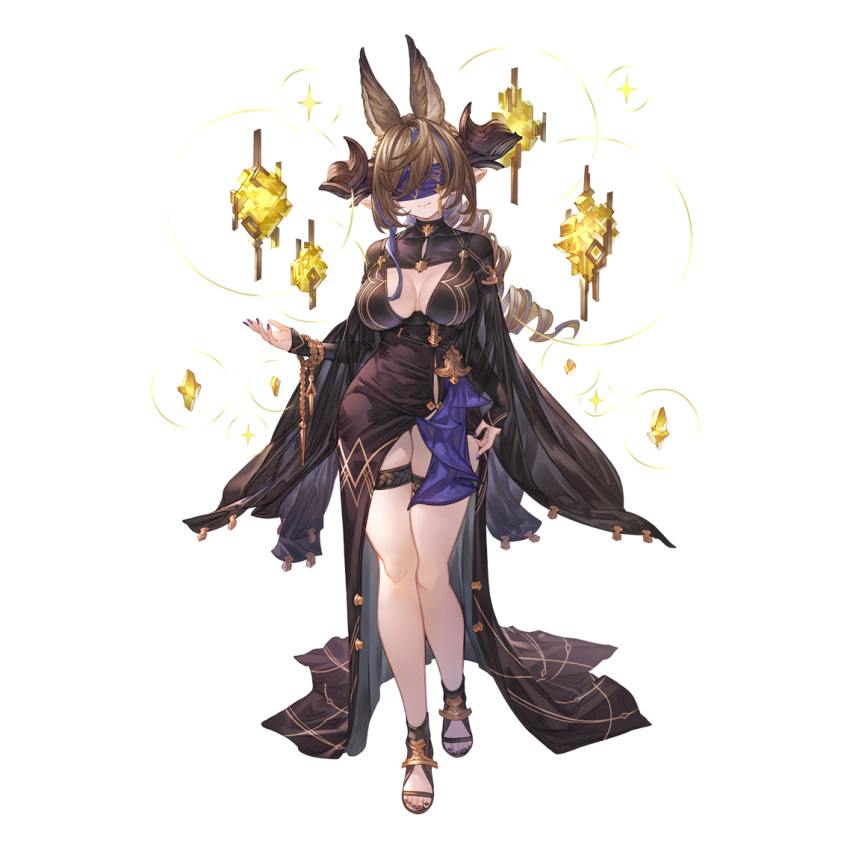 1girl alpha_transparency animal_ears bangs black_dress black_nails blindfold blue_hair breasts brown_hair cleavage cleavage_cutout closed_mouth clothing_cutout dress extra_ears full_body galleon_(granblue_fantasy) granblue_fantasy horns large_breasts long_hair long_sleeves minaba_hideo multicolored_hair nail_polish official_art pointy_ears skindentation smile solo streaked_hair thigh_strap toeless_footwear toenail_polish toenails transparent_background