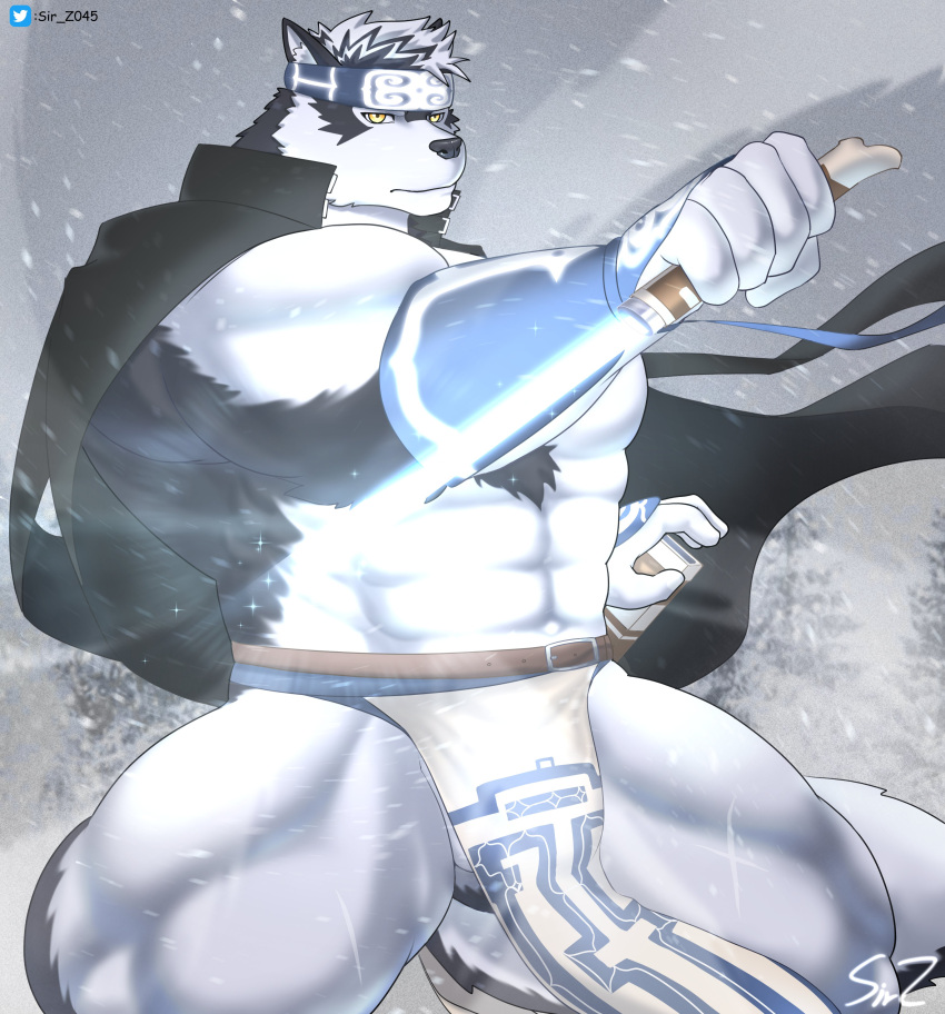 abs absurd_res accessory anthro balls barely_visible_balls barely_visible_genitalia bottomwear canid canine canis clothing dagger fur genitals grey_body grey_fur headband hi_res horkeu_kamui_(tas) lifewonders loincloth male mammal melee_weapon muscular muscular_anthro muscular_male pecs sir_z045 solo tokyo_afterschool_summoners weapon wolf