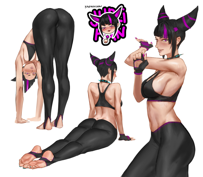 1girl ass black_hair breasts choker fingerless_gloves gloves hair_horns han_juri highres kanavachan large_breasts multicolored_hair pants purple_eyes purple_hair sideboob solo spiked_choker spikes sports_bra street_fighter street_fighter_6 stretching sweat white_background yoga_pants