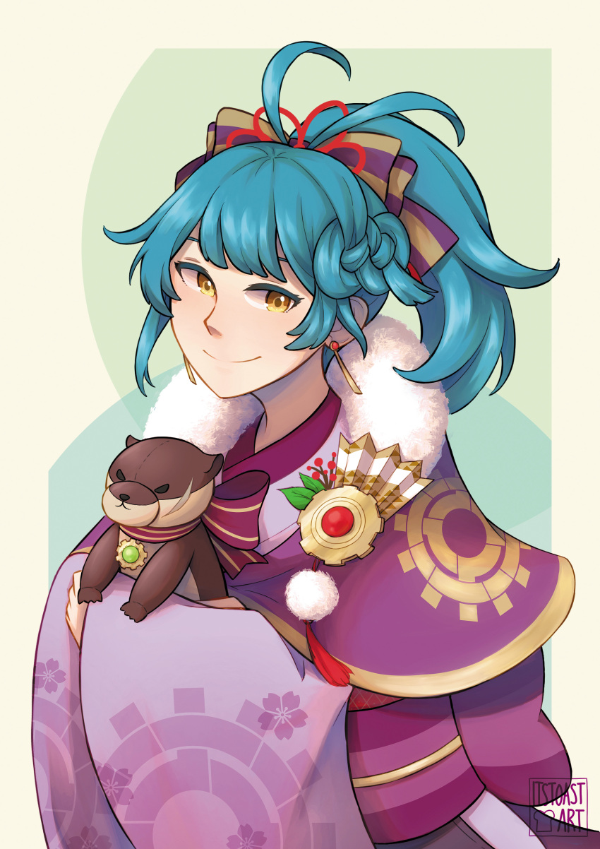 1girl absurdres antenna_hair blue_hair fire_emblem fire_emblem_heroes high_ponytail highres holding holding_stuffed_toy looking_to_the_side official_alternate_costume reginn_(fire_emblem) reginn_(new_year)_(fire_emblem) smile solo stuffed_animal stuffed_toy toast_(oreocorio) upper_body yellow_eyes