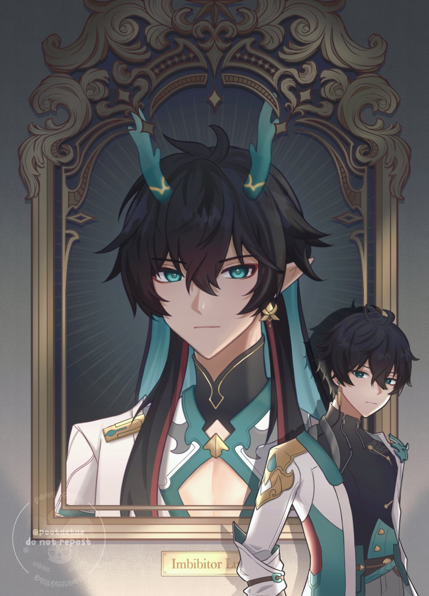 1boy :| black_hair black_shorts character_name chinese_clothes closed_mouth coat colored_inner_hair dan_heng_(honkai:_star_rail) dan_heng_(imbibitor_lunae)_(honkai:_star_rail) detached_sleeves dragon_boy dragon_horns earrings english_commentary english_text expressionless green_eyes green_horns hair_between_eyes highres honkai:_star_rail honkai_(series) horns jewelry long_hair long_sleeves looking_at_viewer male_focus multicolored_hair open_clothes open_coat painting_(object) pointy_ears pootaetae red_eyeliner short_hair shorts upper_body white_coat