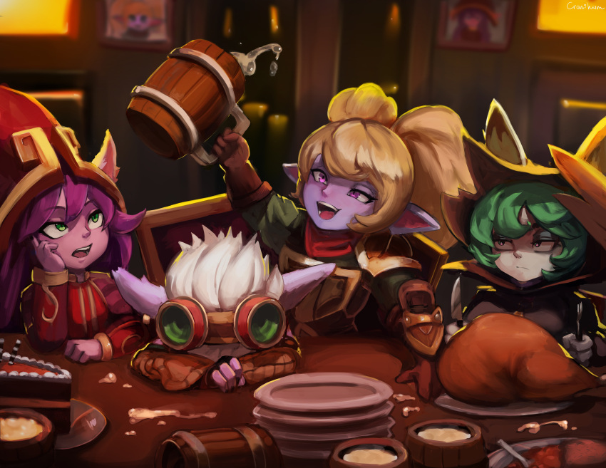 4girls absurdres beer_mug blush cake colored_skin cranihum cup drunk ears_through_headwear food gloves goggles goggles_on_head green_hair hat highres hood hood_up league_of_legends long_sleeves lulu_(league_of_legends) mug multiple_girls picture_frame pink_eyes plate pointy_ears poppy_(league_of_legends) purple_hair purple_skin restaurant short_hair shortstack tristana vex_(league_of_legends) witch_hat yordle