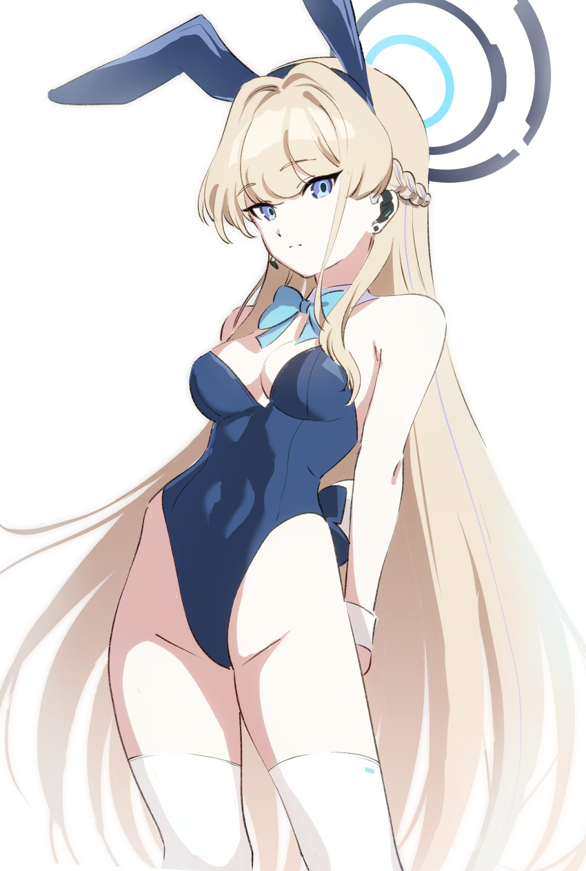 1girl absurdres animal_ears aqua_bow aqua_bowtie arms_behind_back bazz000033 blonde_hair blue_archive blue_eyes blue_hair blue_leotard bow bowtie braid breasts closed_mouth detached_collar fake_animal_ears fake_tail halo headset highres leotard long_hair looking_at_viewer multicolored_hair official_alternate_costume playboy_bunny rabbit_ears rabbit_tail solo standing tail thighhighs thighs toki_(blue_archive) toki_(bunny)_(blue_archive) two-tone_hair very_long_hair white_thighhighs