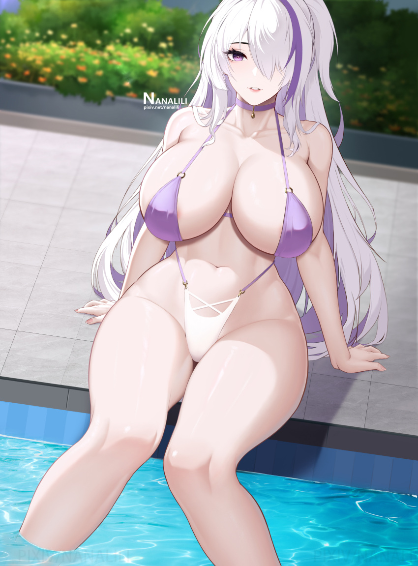 1girl absurdres areola_slip arm_support artist_name azur_lane breasts collarbone feet_out_of_frame hair_over_one_eye highres large_breasts long_hair looking_at_viewer multicolored_hair navel official_alternate_costume one-piece_swimsuit parted_lips pixiv_username pool poolside purple_eyes sitting smiling_embassies solo streaked_hair swimsuit two-tone_swimsuit unzen_(azur_lane) unzen_(sojourn_through_clear_seas)_(azur_lane) very_long_hair white_hair