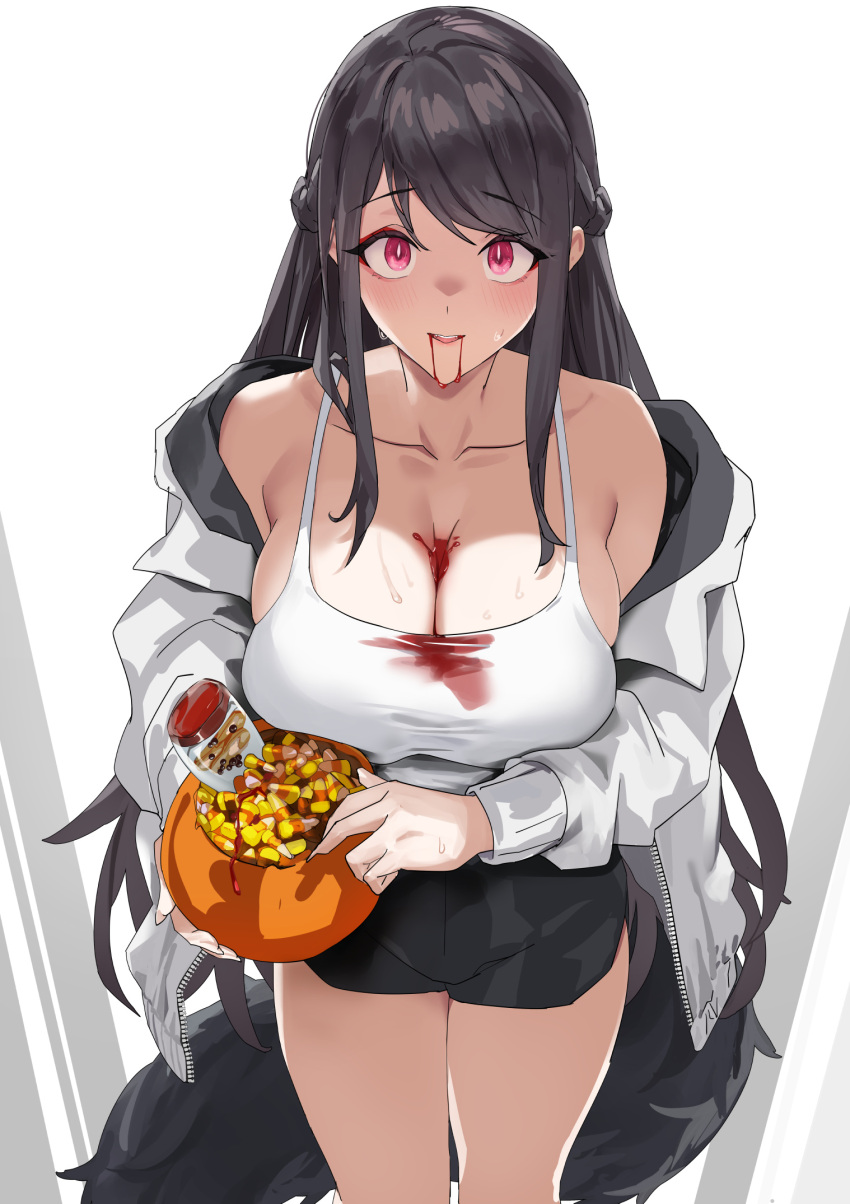 1girl bare_shoulders black_hair blazingchaos bleeding blood blood_from_mouth blood_on_breasts blood_on_clothes blush breasts candy cleavage dated_commentary fake_blood food halloween_bucket highres holding holding_food holding_pumpkin holding_vegetable jacket ketchup ketchup_bottle large_breasts looking_at_viewer open_clothes open_jacket original pumpkin red_eyes shirt short_shorts shorts simple_background smile solo vegetable white_background white_jacket white_shirt