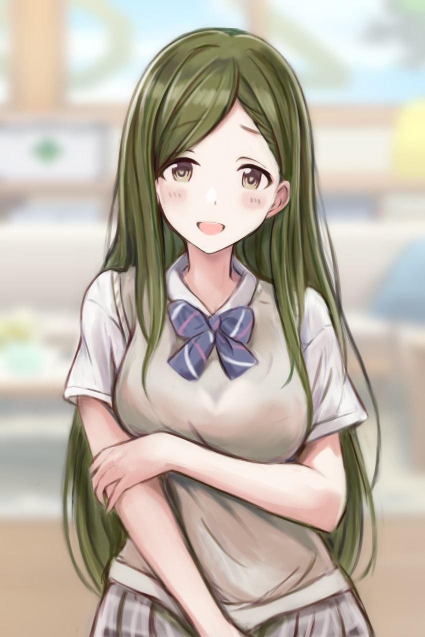 1girl absurdres alternate_costume alternate_hairstyle arm_under_breasts blurry blurry_background blush breasts diagonal-striped_bowtie green_eyes green_hair highres idolmaster idolmaster_shiny_colors large_breasts long_hair looking_at_viewer nanakusa_hazuki nannacy7 parted_bangs plaid plaid_skirt pleated_skirt school_uniform short_sleeves sidelocks skirt smile solo straight_hair upper_body very_long_hair vest