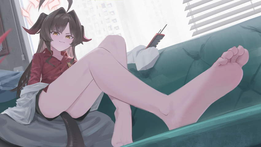 1girl :3 absurdres ahoge bare_legs barefoot blue_archive breasts couch feet foot_focus highres horns kasumi_(blue_archive) long_hair looking_at_viewer loska_(ss40188868) sleeves_past_fingers sleeves_past_wrists small_breasts soles tail thighs toes