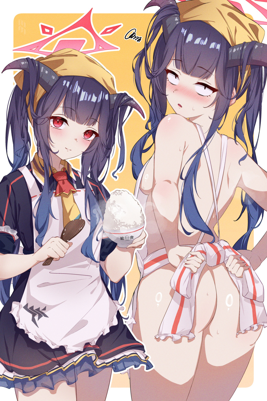 1girl absurdres apron ass black_dress black_hair blue_archive blush bowl closed_mouth dress frilled_dress frills fuuka_(blue_archive) halo head_scarf highres holding holding_bowl horns long_hair multiple_views nolmo open_mouth red_eyes red_halo rice rice_bowl short_sleeves white_apron yellow_headwear