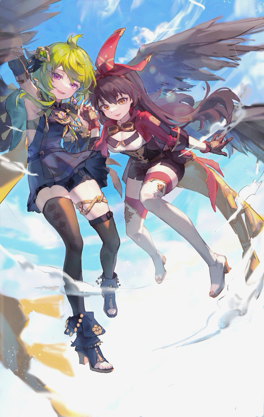 2girls :d absurdres ahoge amber_(genshin_impact) arm_up black_dress black_hair black_shorts black_thighhighs black_wings boots bow bow_hairband breasts brown_gloves cloak cloud collei_(genshin_impact) day dress feathered_wings flying gem genshin_impact gloves goggles goggles_around_neck gold_trim green_gemstone green_hair hairband highres holding_hands long_hair long_sleeves looking_at_viewer multiple_girls orange_eyes outdoors pink_gemstone platform_boots platform_footwear purple_eyes red_bow red_shirt shirt short_hair shorts sky sleeveless sleeveless_dress small_breasts smile thigh_boots thighhighs thighlet white_footwear wings xiaoxiaoanye yuri