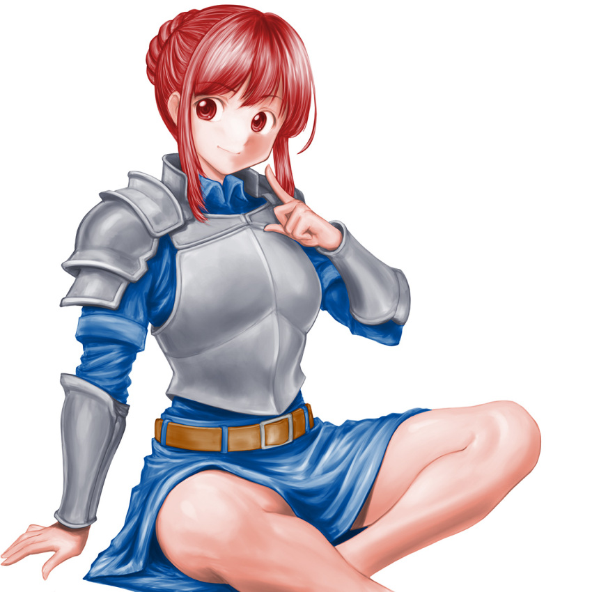 1girl arm_guards armor armored_dress belt belt_buckle blue_dress breastplate brown_belt buckle closed_mouth collared_dress dress finger_to_face hand_up highres minamoto80486 red_eyes red_hair ringed_eyes short_hair shoulder_armor simple_background sitting smile solo white_background wizardry