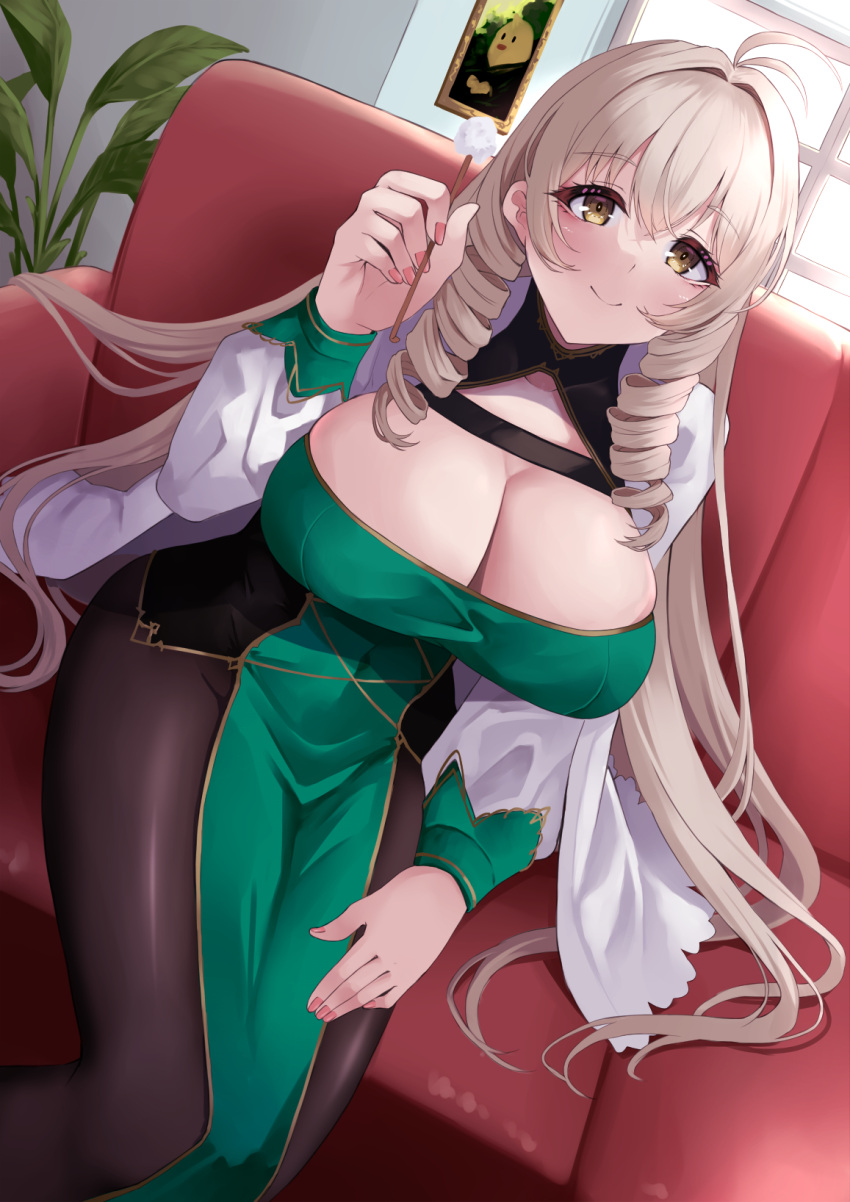 1girl ahoge andrea_doria_(azur_lane) azur_lane black_pantyhose breasts cleavage cleavage_cutout closed_mouth clothing_cutout cotton_swab couch covered_navel crossed_bangs dress drill_hair green_dress hair_between_eyes hand_up highres holding_cotton_swab indoors large_breasts light_blush light_brown_hair long_hair long_sleeves looking_at_viewer manjuu_(azur_lane) on_couch pantyhose pelvic_curtain pink_nails smile twin_drills wee_(weeyy) yellow_eyes