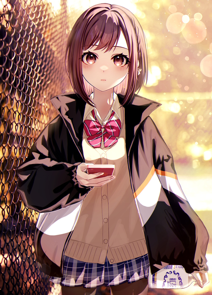 1girl black_jacket bottle bow bowtie brown_hair closed_mouth commentary highres holding holding_bottle holding_phone jacket long_sleeves looking_at_viewer nhrg806 pantyhose phone project_sekai red_eyes shinonome_ena short_hair skirt solo sweater yellow_sweater