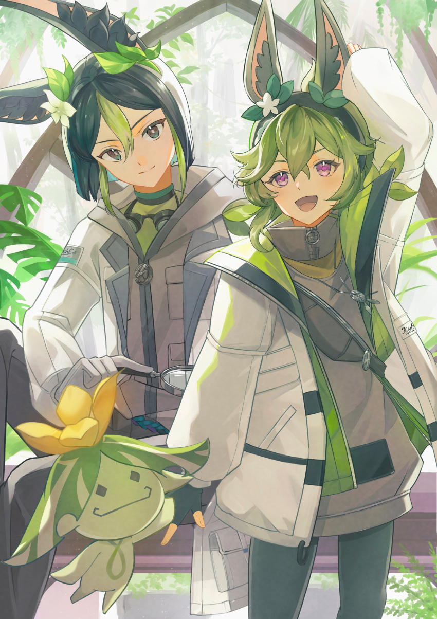 1boy 1girl absurdres animal_ears aranara_(genshin_impact) black_hair collei_(genshin_impact) collei_(kiehls')_(genshin_impact) fox_boy fox_ears genshin_impact gloves green_eyes green_hair grey_hood grey_jacket hair_between_eyes hairband highres hood hooded_jacket jacket kiehl's long_sleeves looking_at_viewer mikamimichael multicolored_hair open_mouth purple_eyes smile tighnari_(genshin_impact) tighnari_(kiehls')_(genshin_impact) white_gloves