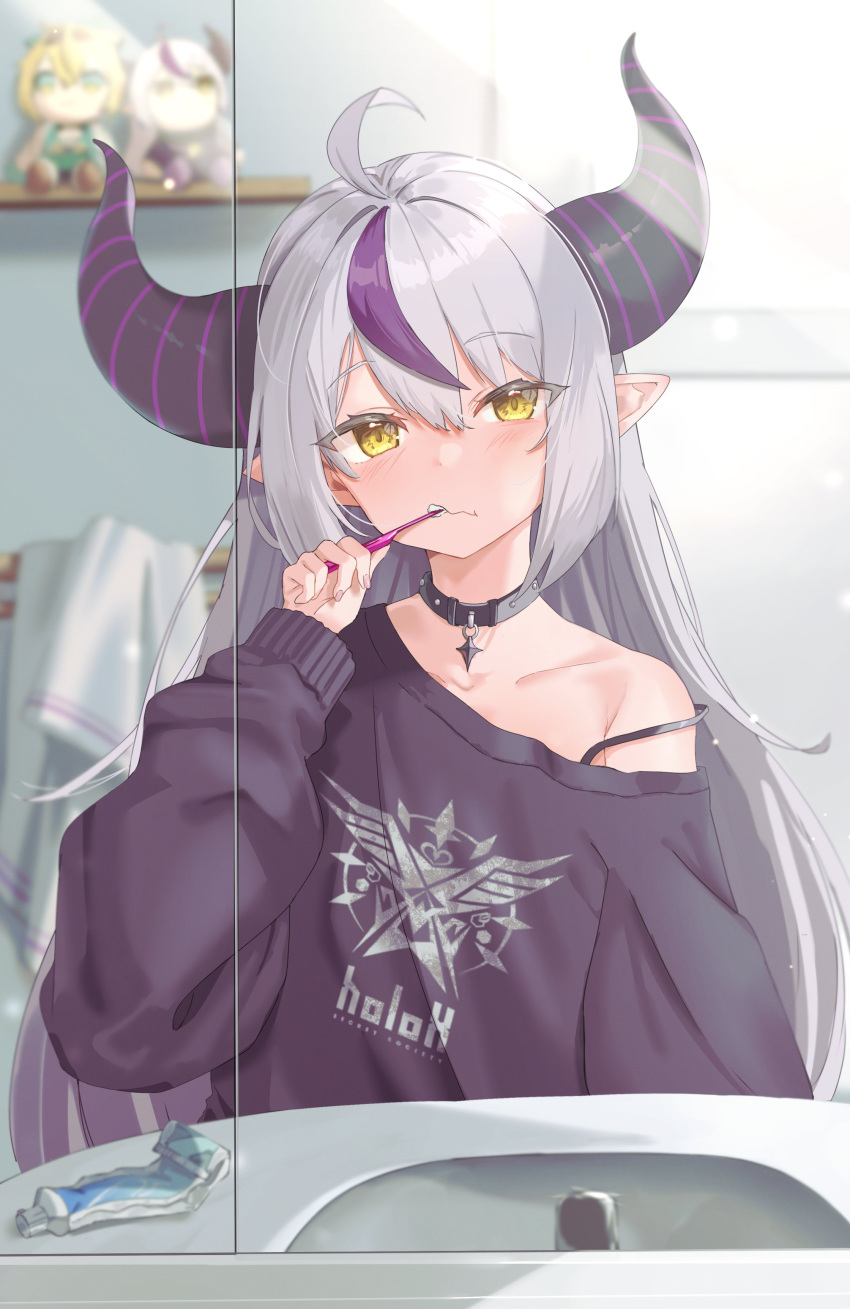 1girl absurdres ahoge almico alternate_costume bare_shoulders black_choker black_horns braid braided_bangs character_doll choker collarbone grey_hair highres hololive horns kazama_iroha kazama_iroha_(1st_costume) la+_darknesss la+_darknesss_(1st_costume) long_hair long_sleeves mirror multicolored_hair off-shoulder_shirt off_shoulder pointy_ears purple_hair reflection shirt solo streaked_hair striped_horns toothbrush toothbrush_in_mouth toothpaste towel virtual_youtuber yellow_eyes