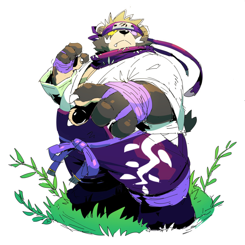 2023 anthro bear belly big_belly black_body cute_fangs gokrakstyle hi_res humanoid_hands kemono male mammal ninja ooe_senbee overweight overweight_male scarf sengoku_puzzle solo warrior