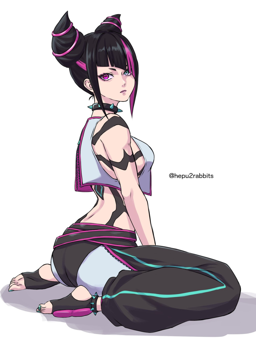 1girl artist_name ass bare_shoulders black_choker black_hair blue_eyes body_markings breasts choker closed_mouth commentary_request diagonal_bangs drill_hair epuusa han_juri heterochromia highres medium_hair multicolored_hair pink_eyes pink_hair pink_lips sidelocks simple_background sitting solo spiked_choker spikes streaked_hair street_fighter street_fighter_6 toes twin_drills twintails twitter_username two-tone_hair wariza white_background