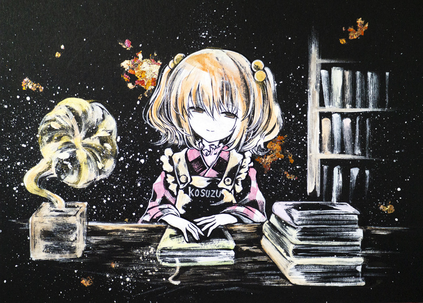 apron black_background book book_stack bookshelf braid brown_hair calligraphy_brush english_text ikeda_ruriko light_smile looking_at_viewer medium_hair motoori_kosuzu paint_splatter paintbrush painting_(medium) phonograph table touhou traditional_media twin_braids