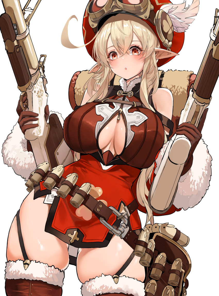1girl absurdres aged_up ahoge alternate_breast_size backpack bag bare_shoulders breasts brown_dress brown_gloves cleavage cleavage_cutout clothing_cutout clover_print commentary cowboy_shot crossed_bangs dishwasher1910 dress dual_wielding english_commentary eyelashes fur-trimmed_legwear fur-trimmed_sleeves fur_trim garter_straps genshin_impact gloves goggles goggles_on_headwear gun hair_between_eyes hands_up hat hat_feather highres holding holding_gun holding_weapon klee_(genshin_impact) large_breasts long_hair long_sleeves looking_at_viewer parted_lips pointy_ears red_eyes red_headwear sidelocks simple_background skindentation solo teeth thick_thighs thighhighs thighs upper_teeth_only weapon yellow_eyes