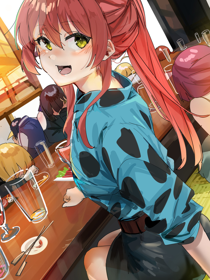 6+girls :d ahoge alcohol alternate_hairstyle black_hair black_skirt blonde_hair blue_jacket blue_shirt blush bocchi_the_rock! chopsticks clothing_cutout commentary_request cup detached_ahoge dress drunk dutch_angle food funi_mu9 green_dress green_eyes hair_between_eyes highres hiroi_kikuri ijichi_seika indoors iwashita_shima izakaya jacket kita_ikuyo long_hair long_sleeves looking_at_viewer multiple_girls open_mouth pa-san ponytail purple_hair red_hair shimizu_eliza shirt shoulder_cutout sidelocks sitting skirt sleeping sleeping_upright smile spaghetti_strap table