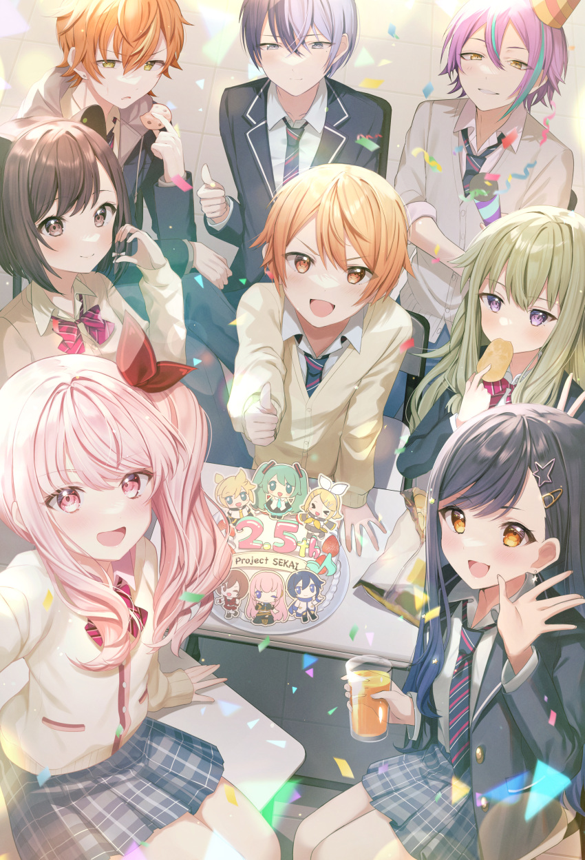 1other 3boys 3girls :d absurdres akiyama_mizuki anniversary aoyagi_touya arm_support birthday_cake black_necktie blazer blonde_hair blue_eyes blue_hair blue_jacket blush bob_cut bow bowtie brown_cardigan brown_eyes brown_hair cake cardigan collared_shirt cup dot_nose drink drinking_glass earrings eating food food_in_mouth from_above green_hair hair_between_eyes hair_ornament hair_ribbon hairclip highres holding holding_cup hood hood_down hooded_jacket jacket jewelry kamishiro_rui kamiyama_high_school_uniform_(project_sekai) kusanagi_nene layered_clothes long_bangs long_hair long_sleeves lushuao miniskirt multicolored_hair multiple_boys multiple_girls neck_ribbon necktie open_clothes open_hand open_jacket open_mouth orange_eyes orange_hair party_popper pink_eyes pink_hair plaid plaid_bow plaid_bowtie plaid_ribbon plaid_skirt pleated_skirt project_sekai purple_eyes purple_hair red_ribbon ribbon school_uniform scowl selfie shinonome_akito shinonome_ena shiraishi_an shirt short_hair side_ponytail sidelocks sitting skirt sleeves_rolled_up smile star_(symbol) star_earrings star_hair_ornament streaked_hair swept_bangs table tenma_tsukasa thumbs_up tile_floor tiles two-tone_hair v-neck waving white_shirt yellow_eyes