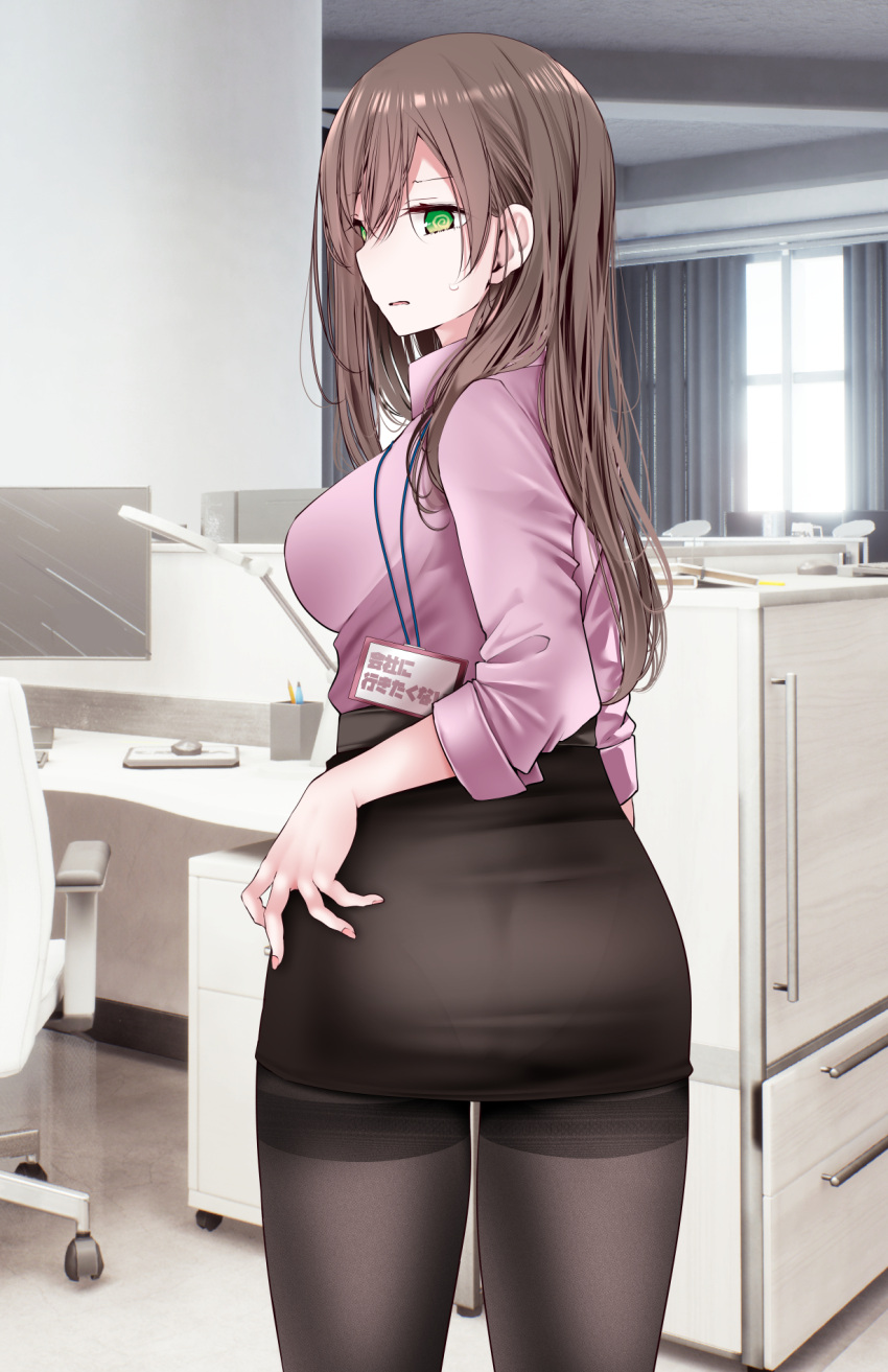 1girl @_@ ass black_pantyhose breasts brown_hair brown_skirt chair collared_shirt curtains desk formal from_behind green_eyes high-waist_skirt highres impossible_clothes impossible_shirt indoors large_breasts long_hair long_sleeves looking_at_viewer looking_back monitor office office_chair office_lady ol-chan_(oouso) oouso original panties panties_under_pantyhose pantyhose pantylines pink_shirt see-through see-through_skirt shirt skirt skirt_suit solo standing suit swivel_chair thighband_pantyhose underwear white_shirt