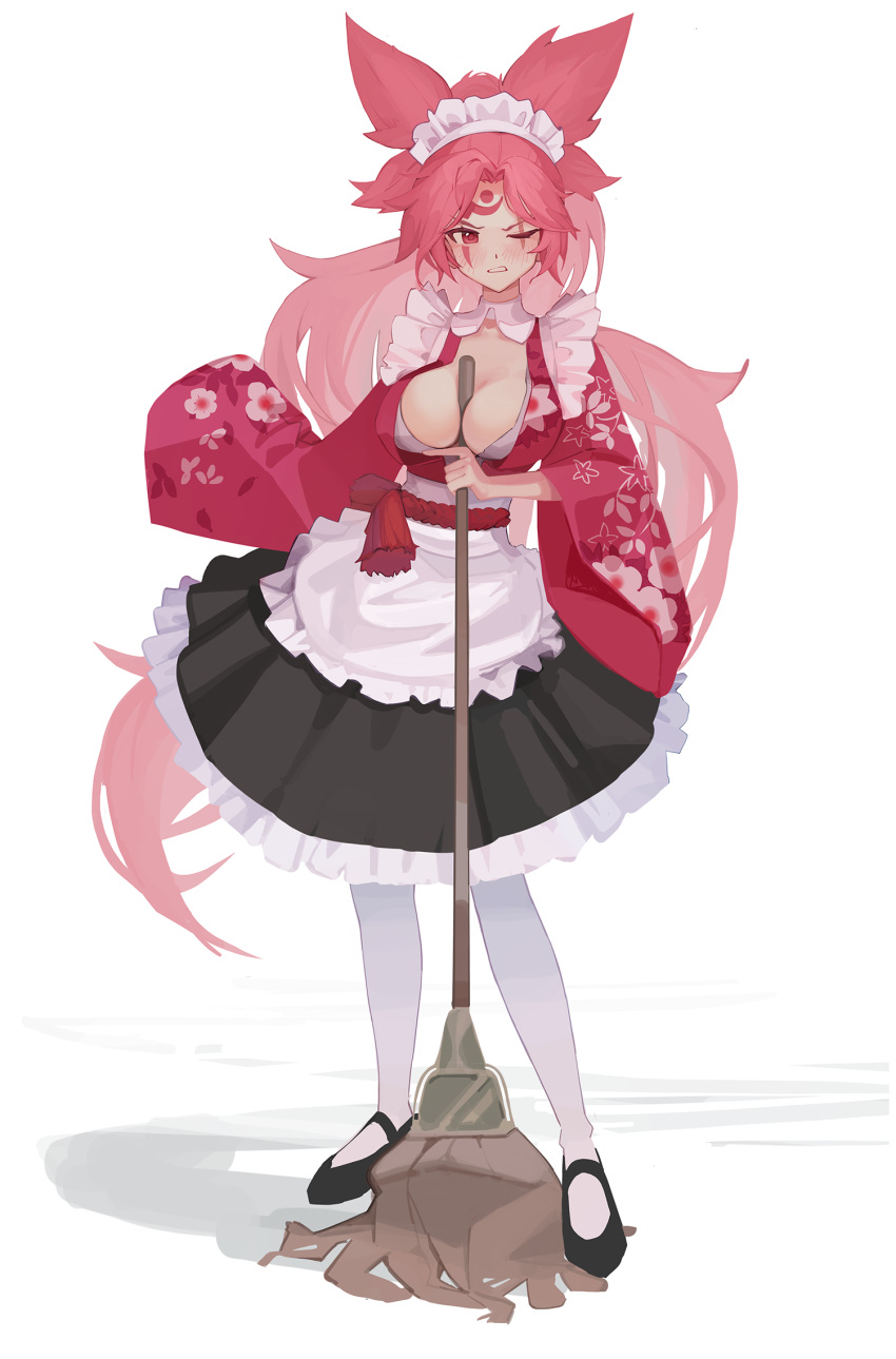 1girl amputee apron baiken between_breasts black_footwear blush breasts cleavage cleavage_cutout clothing_cutout ddul_(hauluimubingoj1) dress facial_mark floral_print frilled_apron frilled_dress frills full_body guilty_gear highres holding holding_mop large_breasts long_hair looking_to_the_side maid maid_headdress mop one-eyed pink_hair ponytail red_dress scar scar_across_eye scar_on_face simple_background solo white_background wide_sleeves