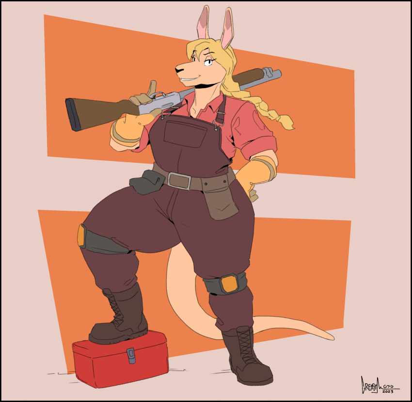 2022 absurd_res anthro boots clothing engineer_(team_fortress_2) female footwear gloves greasymojo grin gun hand_on_hip handwear hi_res kangaroo macropod mammal marsupial mechanic muscular muscular_female muscular_thighs ranged_weapon shirt shotgun smile smiling_at_viewer smug solo team_fortress_2 thick_thighs toolbox topwear valve weapon weapon_on_shoulder